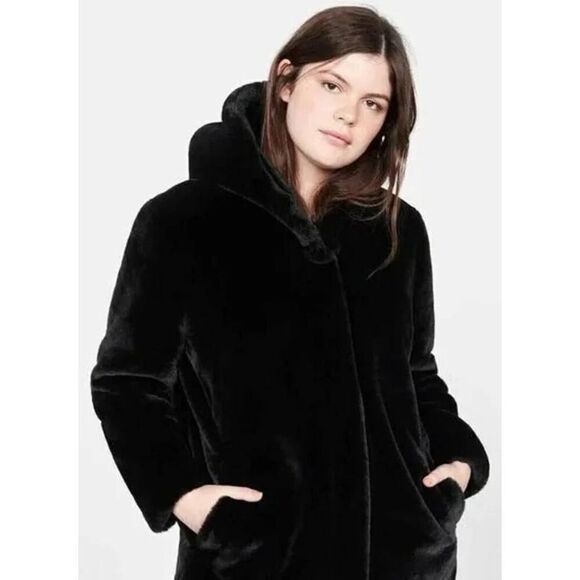 Mango Oversized Fur-effect Faux‎ Fur Coat with Hood Size Large Deep Brown - Picture 1 of 7